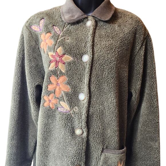 Teddi Floral Embroidered Sherpa Fleece Jacket Women Large Cozy Fall Cottagecore - Picture 1 of 15